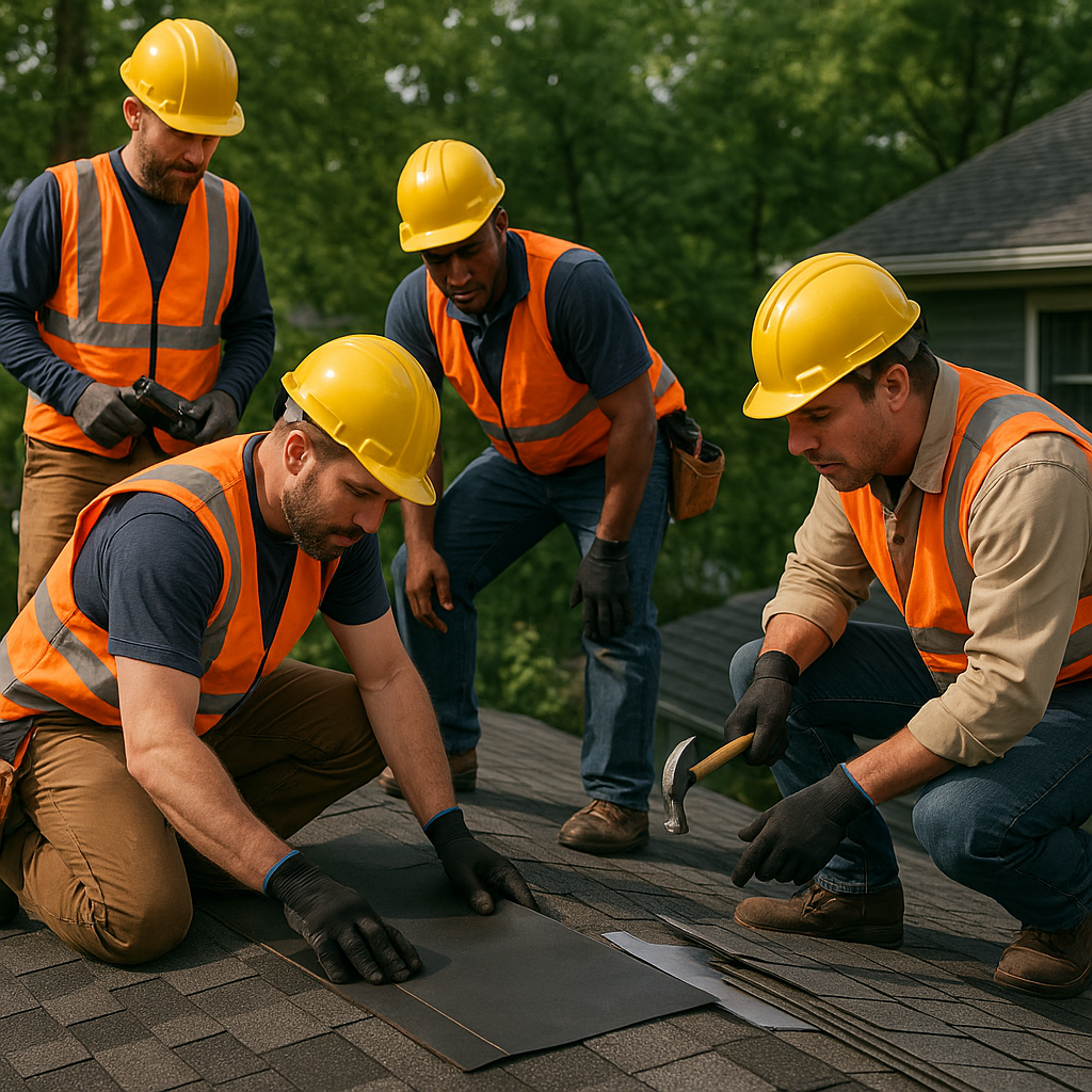 Professional roofing team collaborating on roof repair project