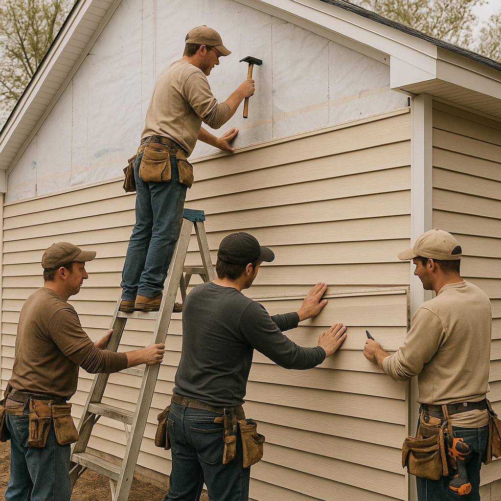 Professional team actively installing vinyl siding panels on residential home exterior