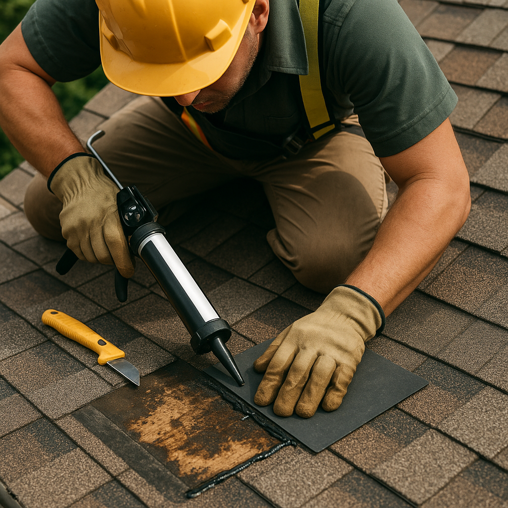 Professional roofer actively repairing a roof leak, patching and sealing a damaged shingle section with visible tools and professional expertise in action