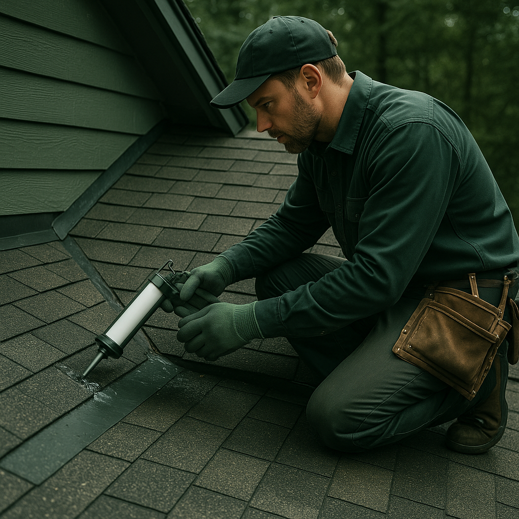 Premium roof leak repair service demonstration showing professional contractor identifying and sealing roof leak with high-quality workmanship