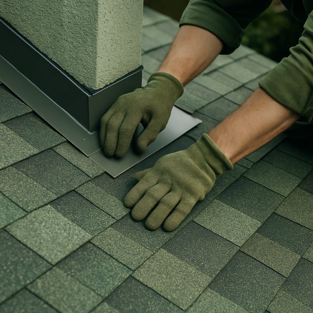 Professional roof repair work showing detailed craftsmanship and expert technique on residential structure