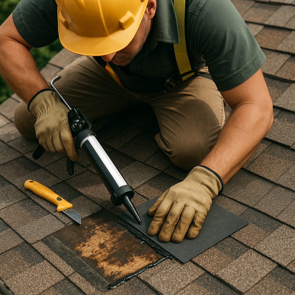 Professional roofer actively repairing a roof leak, patching and sealing a damaged shingle section with visible tools and professional expertise in action