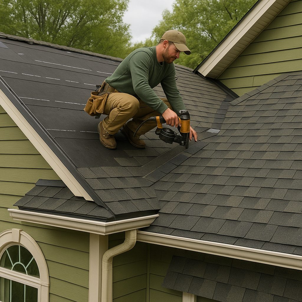 Roofing contractor installing asphalt shingles with expert technique