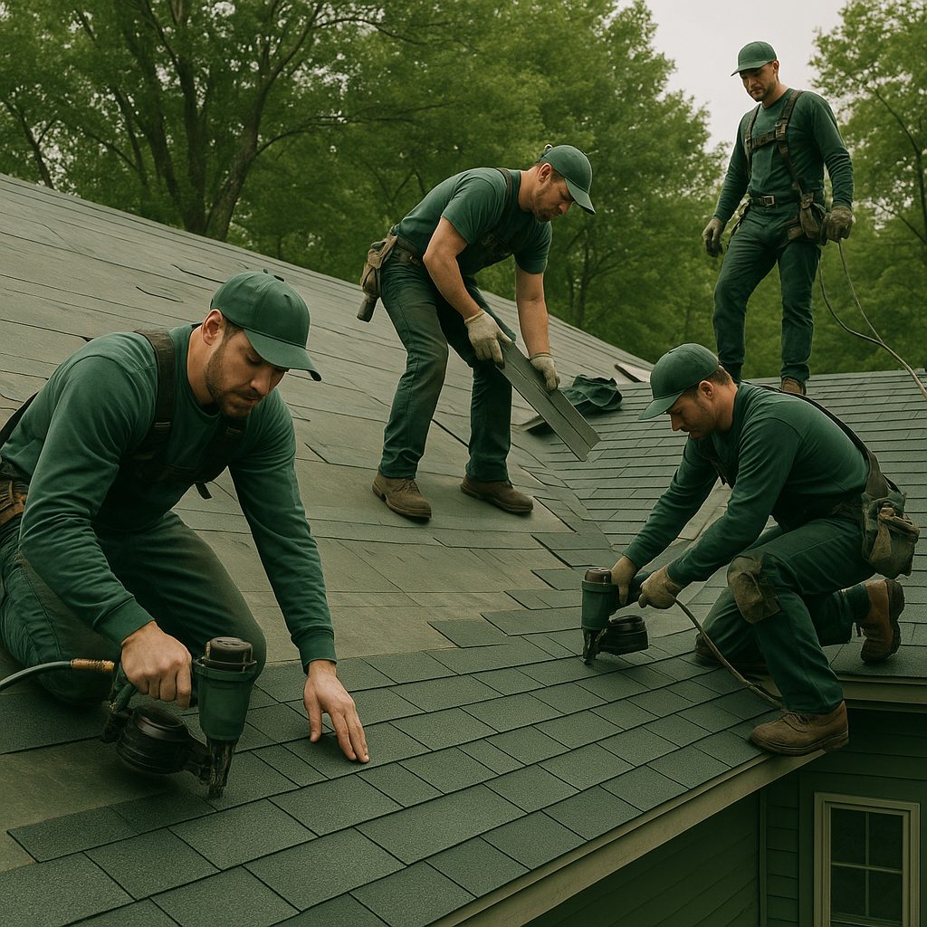Professional roofing team on residential roof demonstrating quality work and safety standards