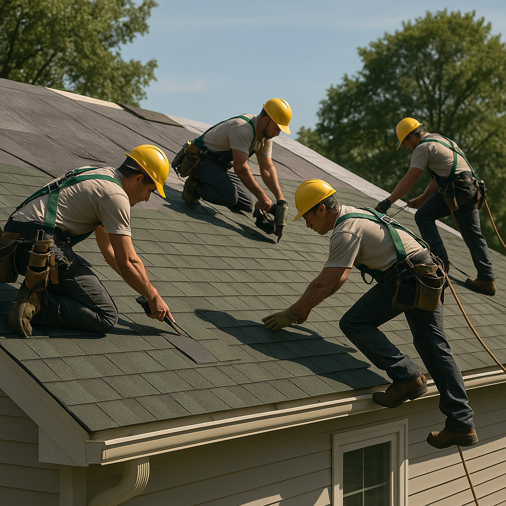 Professional roofing crew installing asphalt shingles on pitched roof with multiple team members wearing safety equipment