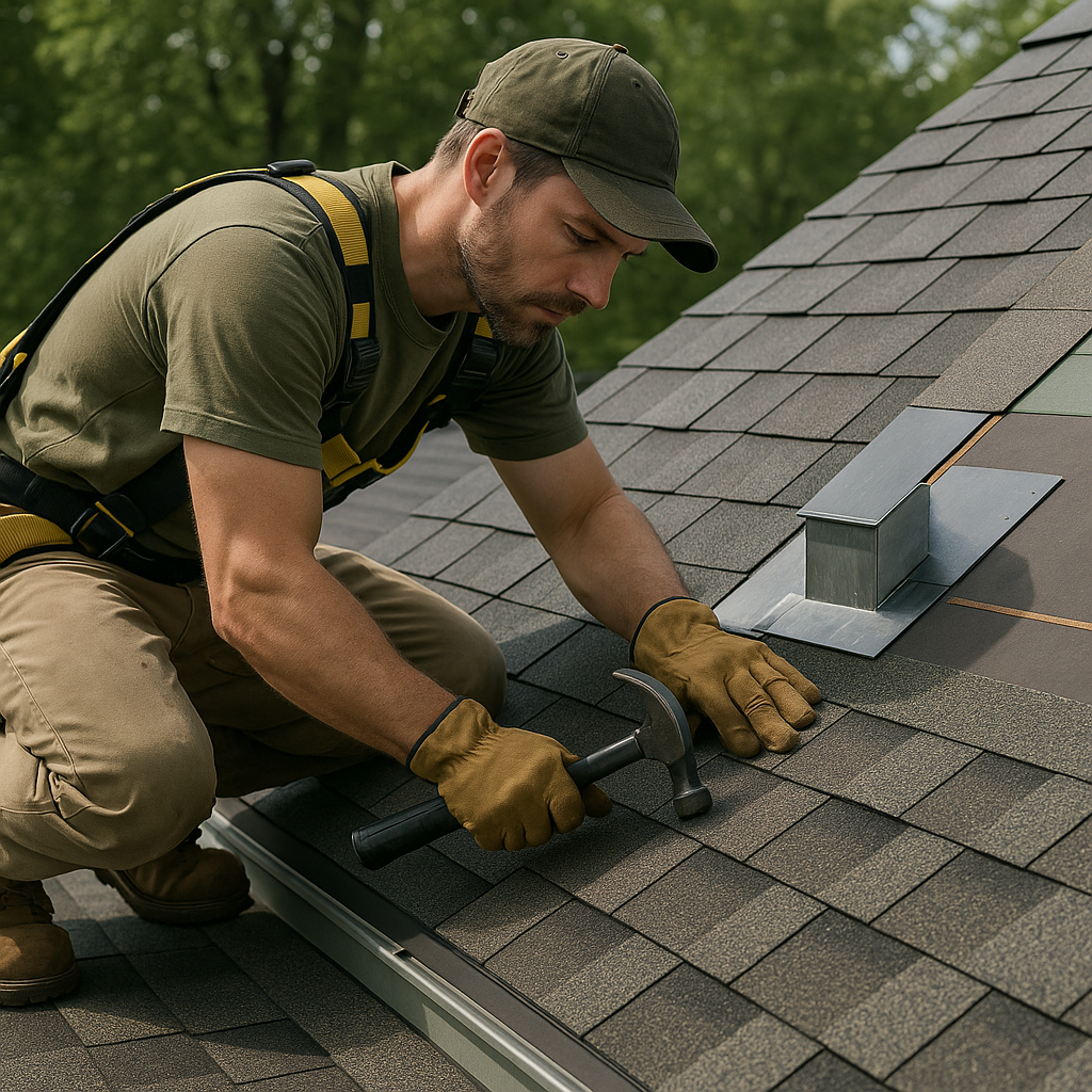 Premium roofing contractor performing detailed roof installation work with expert demonstration of proper shingle placement and flashing integration
