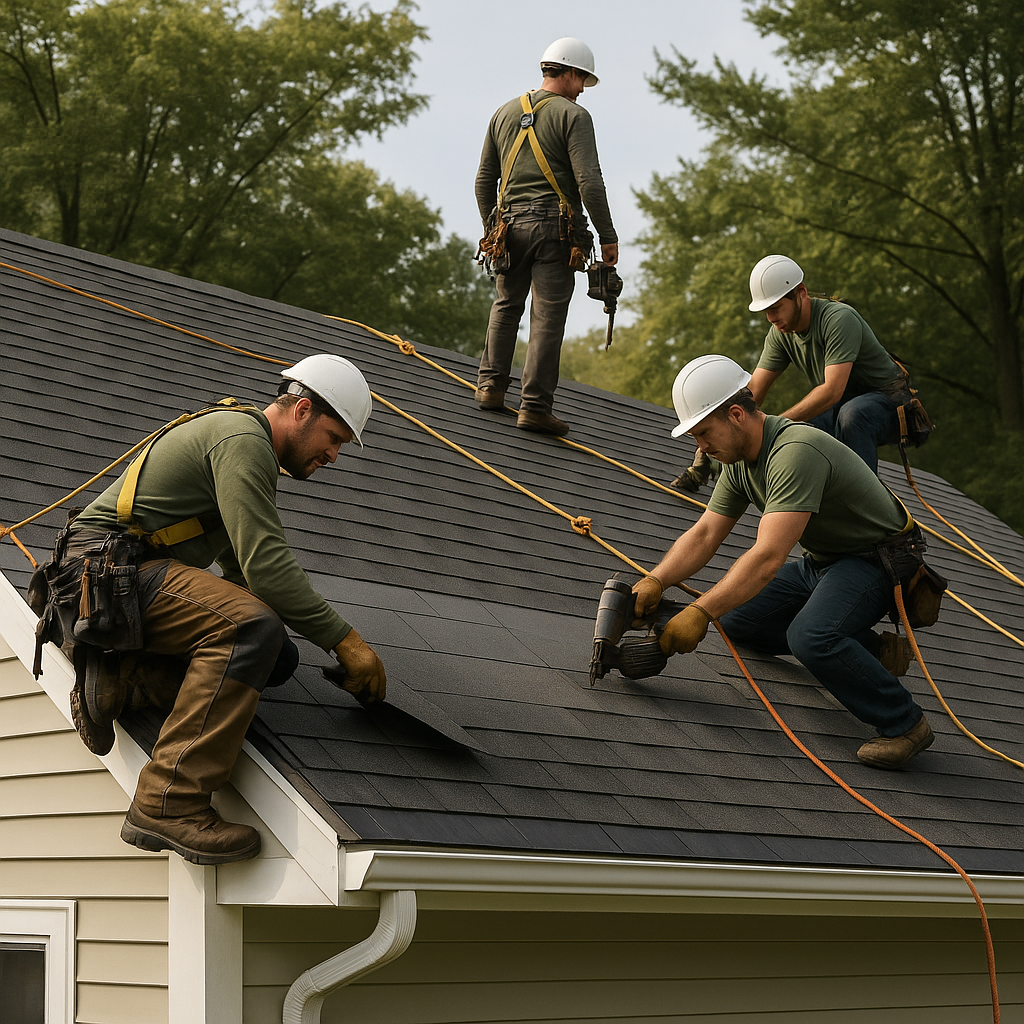 Professional roofing team working safely on residential roofing project with proper safety equipment